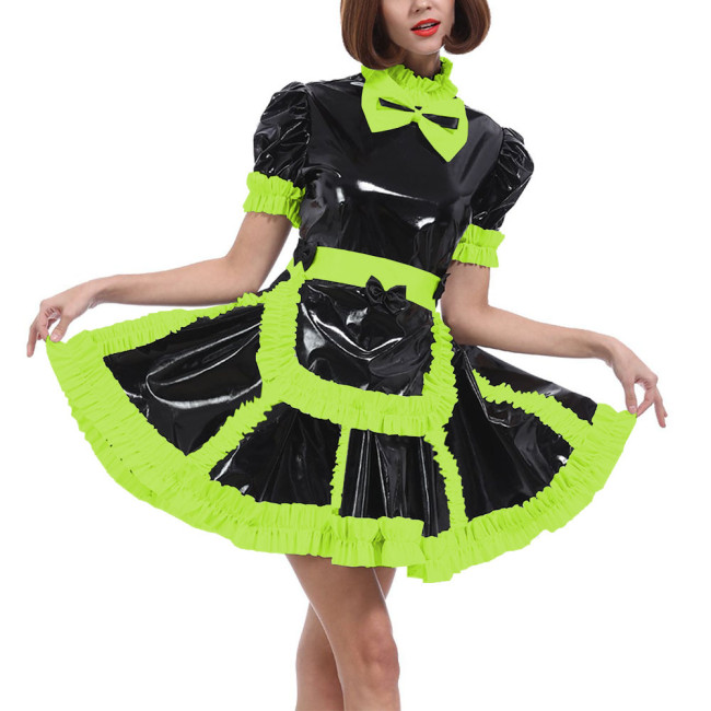 Lockable Sissy Wet PVC A-line Maid Dress with Apron Long Sleeved Ruffled Maid French Uniform Halloween Party Cosplay Costume 7XL