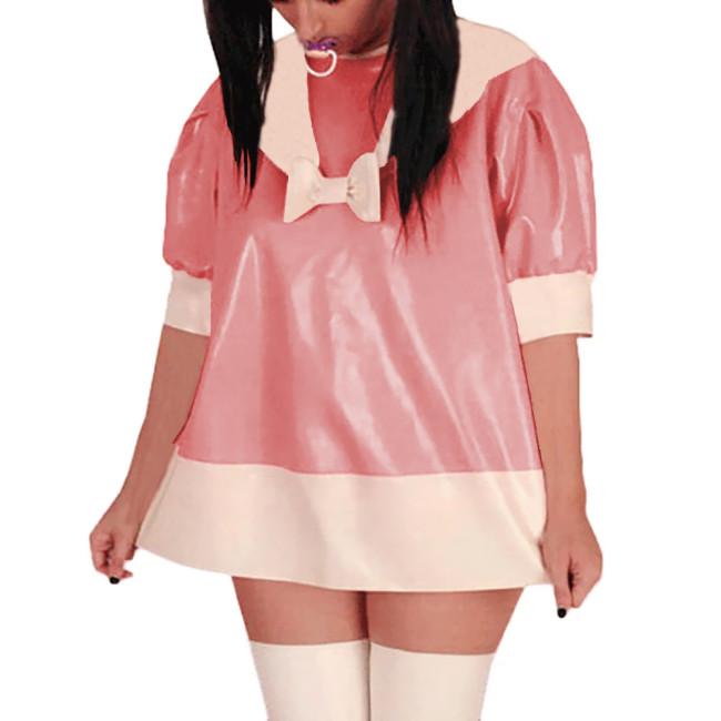 Puff Short Sleeve PVC Glossy Leather Mini Dress Sissy Sailor A-Line Short Dress Sweet Party Cosplay Dresses Crossdress Unifrom