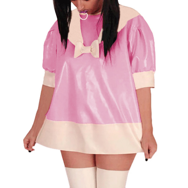 Puff Short Sleeve PVC Glossy Leather Mini Dress Sissy Sailor A-Line Short Dress Sweet Party Cosplay Dresses Crossdress Unifrom