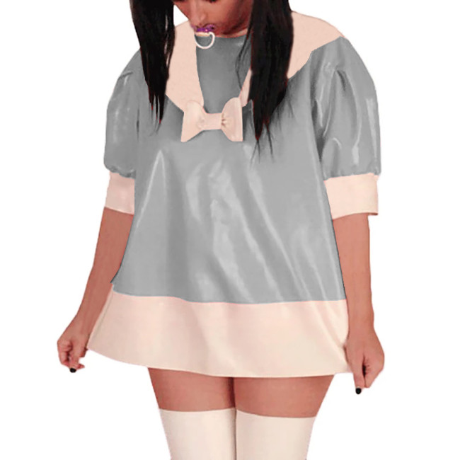 Puff Short Sleeve PVC Glossy Leather Mini Dress Sissy Sailor A-Line Short Dress Sweet Party Cosplay Dresses Crossdress Unifrom