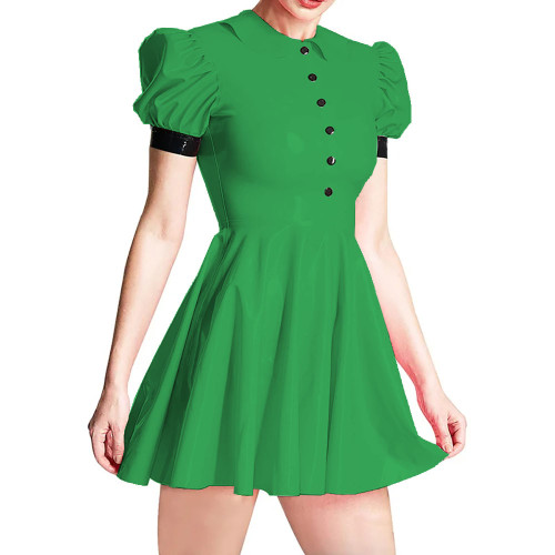 Summer Peter Pan Collar PVC Shiny Women's Dress Fashion Slim High Waist Short Sleeve A-line Dresses Ladies Casual Mini Dress 7XL