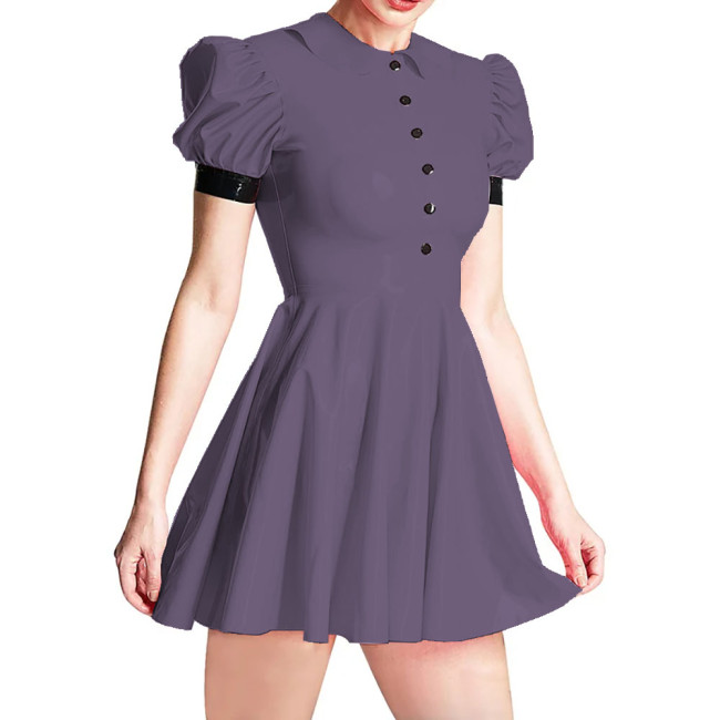 Summer Peter Pan Collar PVC Shiny Women's Dress Fashion Slim High Waist Short Sleeve A-line Dresses Ladies Casual Mini Dress 7XL