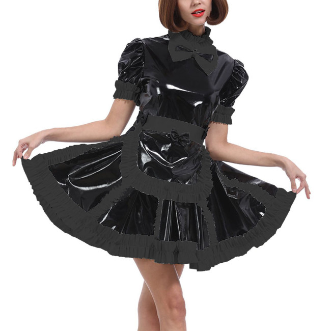 Lockable Sissy Wet PVC A-line Maid Dress with Apron Long Sleeved Ruffled Maid French Uniform Halloween Party Cosplay Costume 7XL