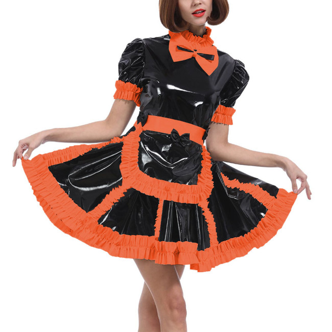 Lockable Sissy Wet PVC A-line Maid Dress with Apron Long Sleeved Ruffled Maid French Uniform Halloween Party Cosplay Costume 7XL