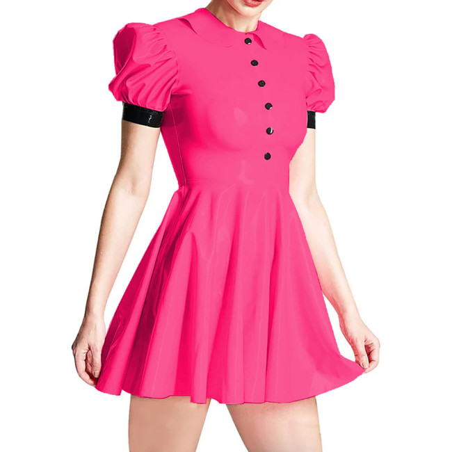 Summer Peter Pan Collar PVC Shiny Women's Dress Fashion Slim High Waist Short Sleeve A-line Dresses Ladies Casual Mini Dress 7XL