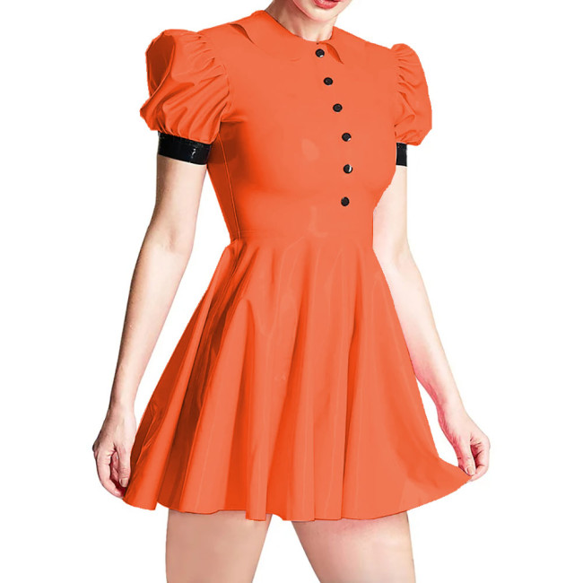 Summer Peter Pan Collar PVC Shiny Women's Dress Fashion Slim High Waist Short Sleeve A-line Dresses Ladies Casual Mini Dress 7XL