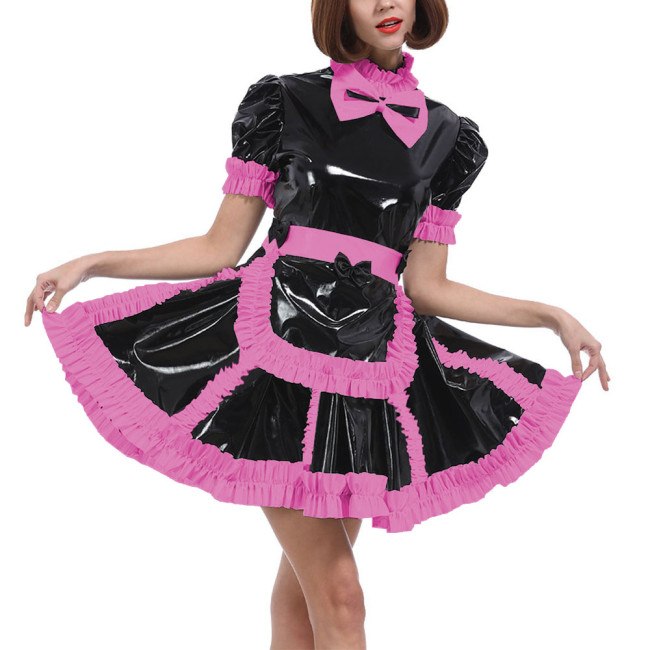 Lockable Sissy Wet PVC A-line Maid Dress with Apron Long Sleeved Ruffled Maid French Uniform Halloween Party Cosplay Costume 7XL