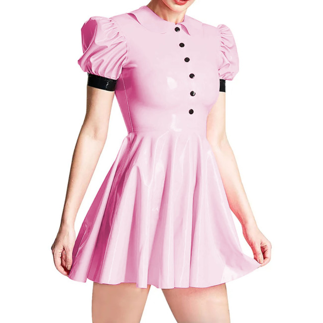 Summer Peter Pan Collar PVC Shiny Women's Dress Fashion Slim High Waist Short Sleeve A-line Dresses Ladies Casual Mini Dress 7XL