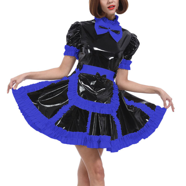 Lockable Sissy Wet PVC A-line Maid Dress with Apron Long Sleeved Ruffled Maid French Uniform Halloween Party Cosplay Costume 7XL