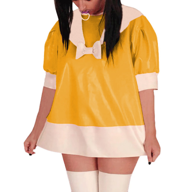 Puff Short Sleeve PVC Glossy Leather Mini Dress Sissy Sailor A-Line Short Dress Sweet Party Cosplay Dresses Crossdress Unifrom