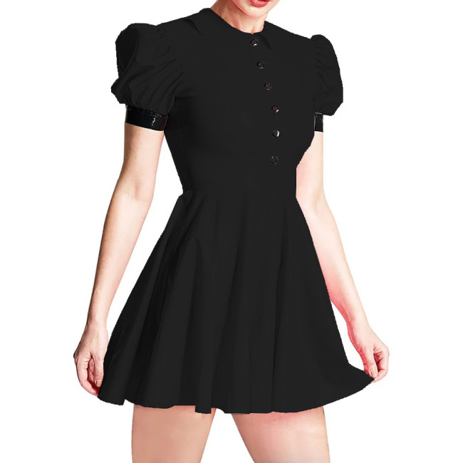 Summer Peter Pan Collar PVC Shiny Women's Dress Fashion Slim High Waist Short Sleeve A-line Dresses Ladies Casual Mini Dress 7XL