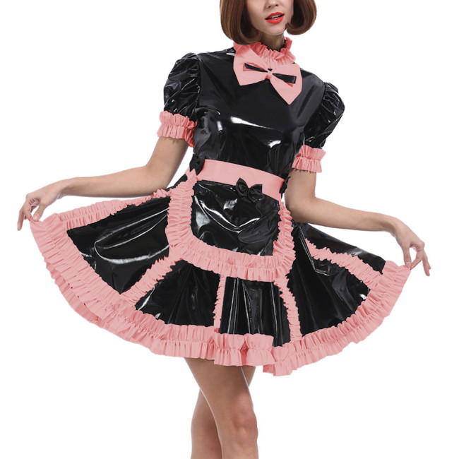 Lockable Sissy Wet PVC A-line Maid Dress with Apron Long Sleeved Ruffled Maid French Uniform Halloween Party Cosplay Costume 7XL