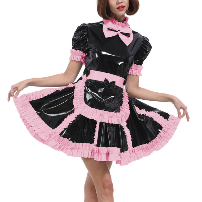 Lockable Sissy Wet PVC A-line Maid Dress with Apron Long Sleeved Ruffled Maid French Uniform Halloween Party Cosplay Costume 7XL