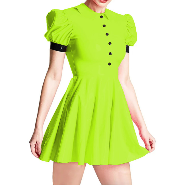 Summer Peter Pan Collar PVC Shiny Women's Dress Fashion Slim High Waist Short Sleeve A-line Dresses Ladies Casual Mini Dress 7XL