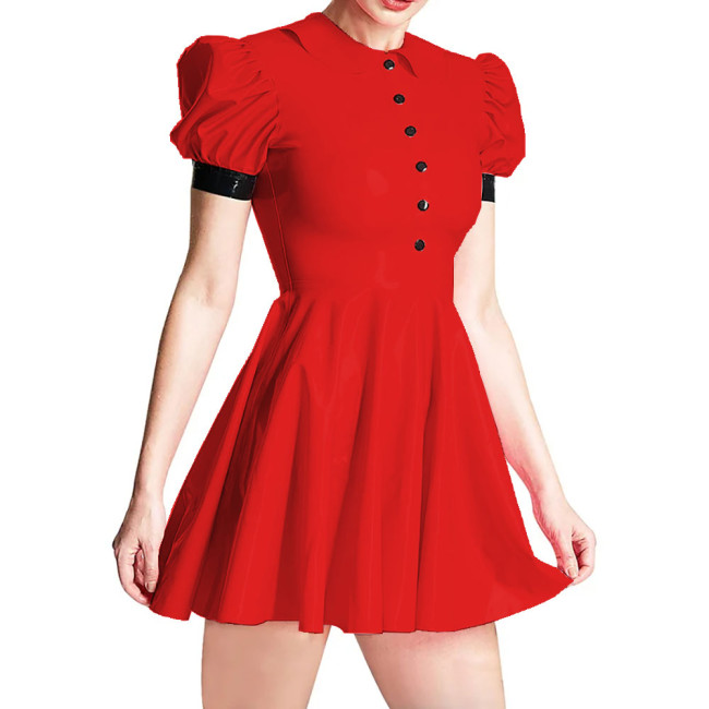 Summer Peter Pan Collar PVC Shiny Women's Dress Fashion Slim High Waist Short Sleeve A-line Dresses Ladies Casual Mini Dress 7XL