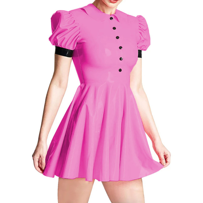 Summer Peter Pan Collar PVC Shiny Women's Dress Fashion Slim High Waist Short Sleeve A-line Dresses Ladies Casual Mini Dress 7XL