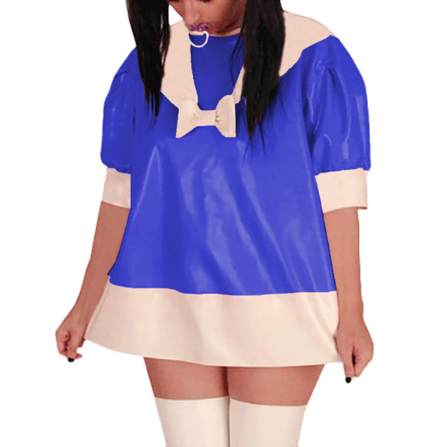Puff Short Sleeve PVC Glossy Leather Mini Dress Sissy Sailor A-Line Short Dress Sweet Party Cosplay Dresses Crossdress Unifrom