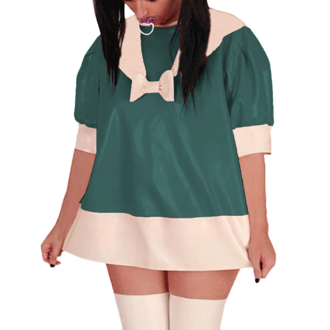 Puff Short Sleeve PVC Glossy Leather Mini Dress Sissy Sailor A-Line Short Dress Sweet Party Cosplay Dresses Crossdress Unifrom