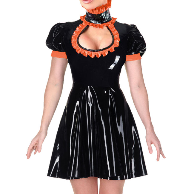 Gothic Wetlook Mini A-line Dress for Womens Turtleneck Hollow Out Sexy High Waist PVC Dresses Ladies Short-sleeve Party Vestido
