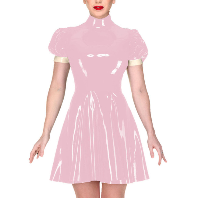 Elegant Turtleneck Mini Dress for Women Puff Short Sleeve PVC Shiny Leather A-line Pleated Dress Ladies Casual Streetwear Dress