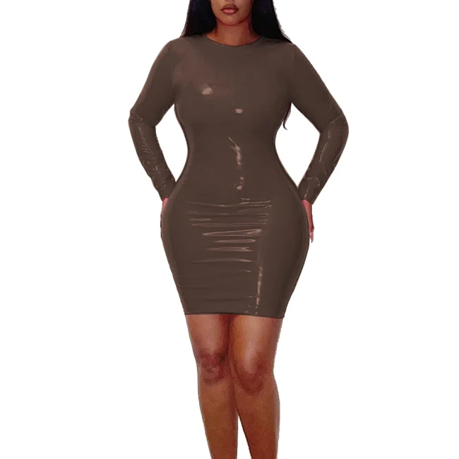Women Round Collar Long Sleeve Mini Dress Glossy PVC Leather Sexy Bodycon Simple Solid Basic Hip Wrap Dress High Street Clothes
