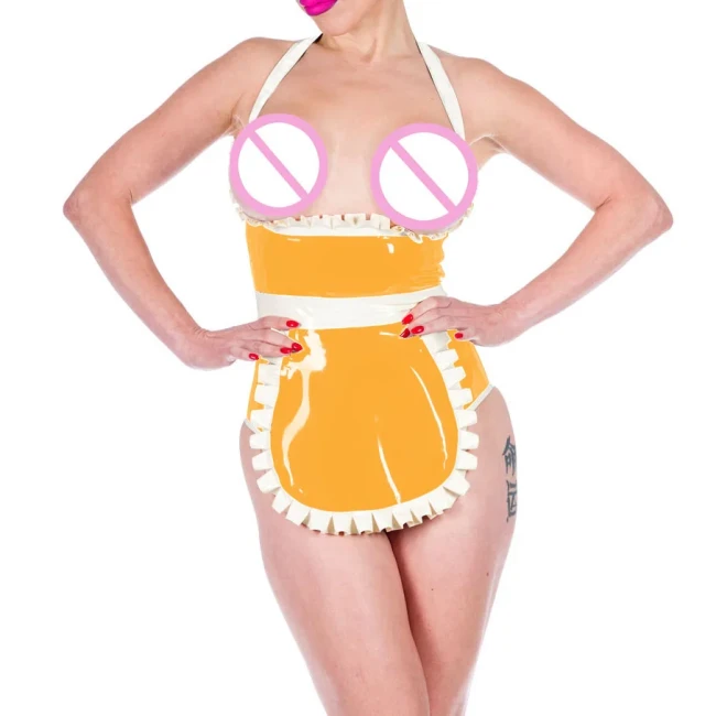 Shiny PVC Leather Sexy Halter Expose Chest Haigh Waisted Bodysuits with Apron Exotic Maid Cosplay Uniforms Cosplay Club Suits