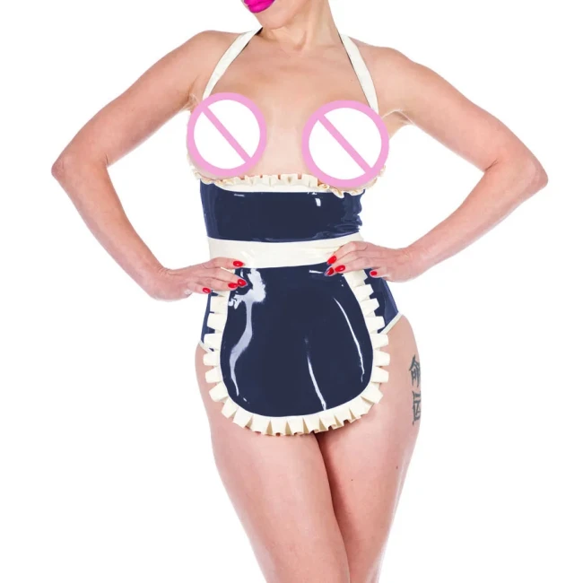 Shiny PVC Leather Sexy Halter Expose Chest Haigh Waisted Bodysuits with Apron Exotic Maid Cosplay Uniforms Cosplay Club Suits