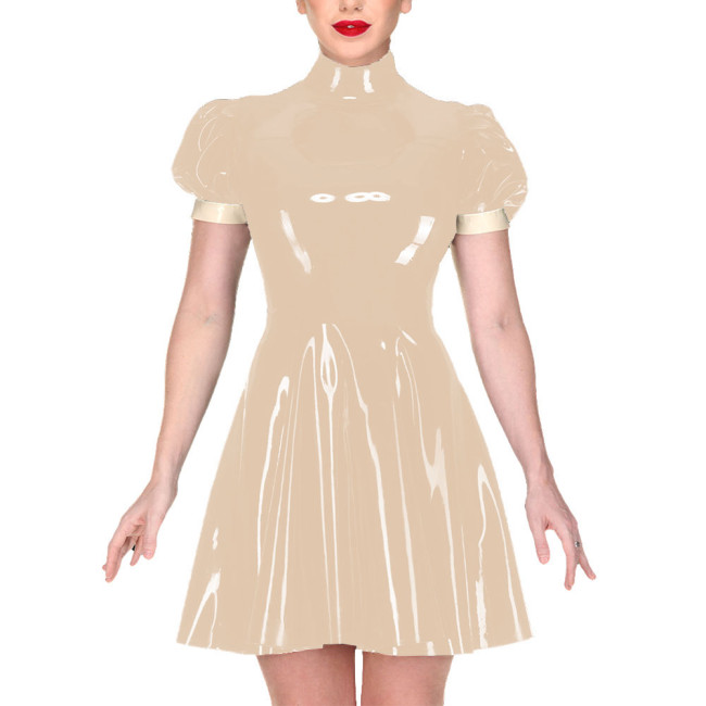 Elegant Turtleneck Mini Dress for Women Puff Short Sleeve PVC Shiny Leather A-line Pleated Dress Ladies Casual Streetwear Dress