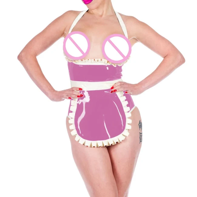 Shiny PVC Leather Sexy Halter Expose Chest Haigh Waisted Bodysuits with Apron Exotic Maid Cosplay Uniforms Cosplay Club Suits
