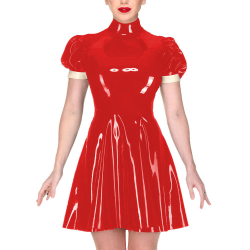 Elegant Turtleneck Mini Dress for Women Puff Short Sleeve PVC Shiny Leather A-line Pleated Dress Ladies Casual Streetwear Dress