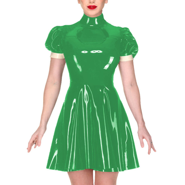 Elegant Turtleneck Mini Dress for Women Puff Short Sleeve PVC Shiny Leather A-line Pleated Dress Ladies Casual Streetwear Dress