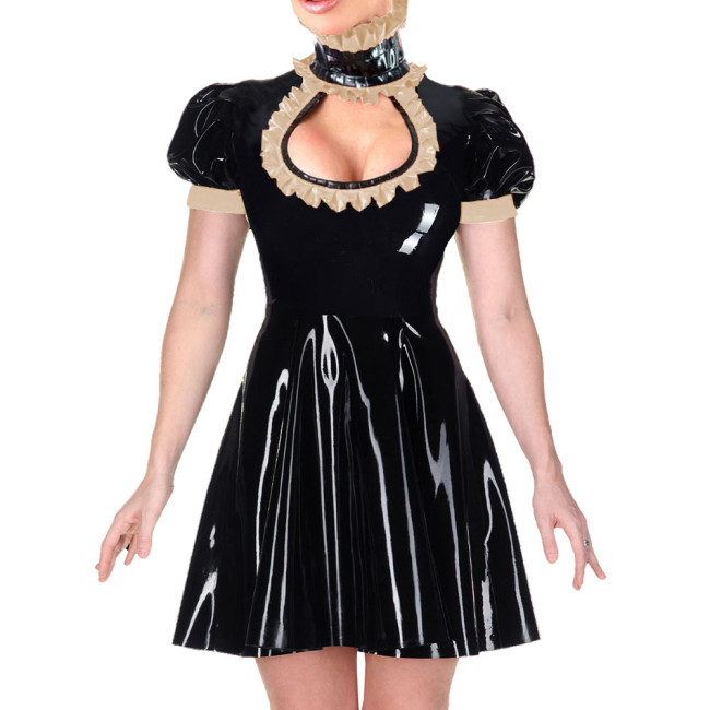Gothic Wetlook Mini A-line Dress for Womens Turtleneck Hollow Out Sexy High Waist PVC Dresses Ladies Short-sleeve Party Vestido