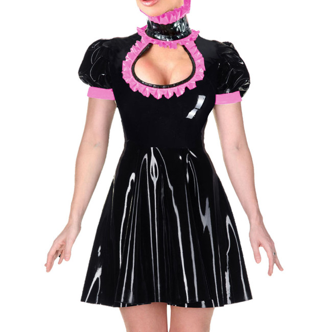 Gothic Wetlook Mini A-line Dress for Womens Turtleneck Hollow Out Sexy High Waist PVC Dresses Ladies Short-sleeve Party Vestido