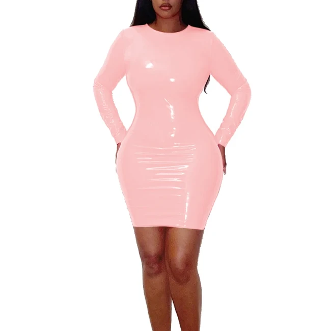 Women Round Collar Long Sleeve Mini Dress Glossy PVC Leather Sexy Bodycon Simple Solid Basic Hip Wrap Dress High Street Clothes