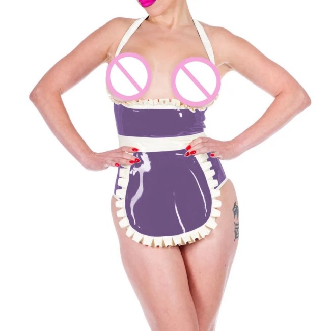 Shiny PVC Leather Sexy Halter Expose Chest Haigh Waisted Bodysuits with Apron Exotic Maid Cosplay Uniforms Cosplay Club Suits