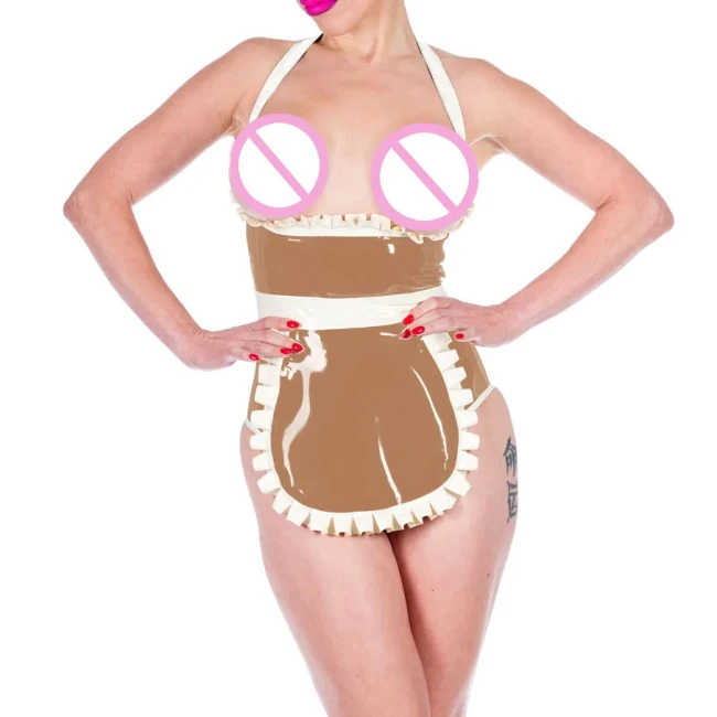 Shiny PVC Leather Sexy Halter Expose Chest Haigh Waisted Bodysuits with Apron Exotic Maid Cosplay Uniforms Cosplay Club Suits
