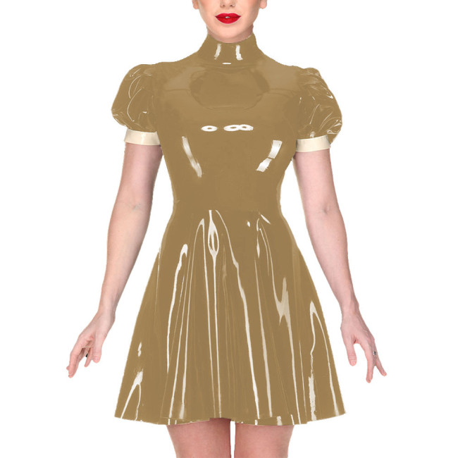 Elegant Turtleneck Mini Dress for Women Puff Short Sleeve PVC Shiny Leather A-line Pleated Dress Ladies Casual Streetwear Dress
