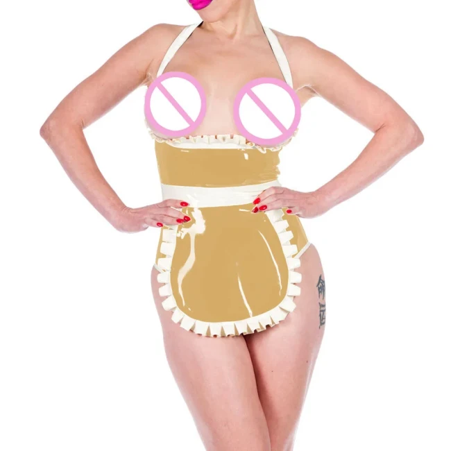 Shiny PVC Leather Sexy Halter Expose Chest Haigh Waisted Bodysuits with Apron Exotic Maid Cosplay Uniforms Cosplay Club Suits
