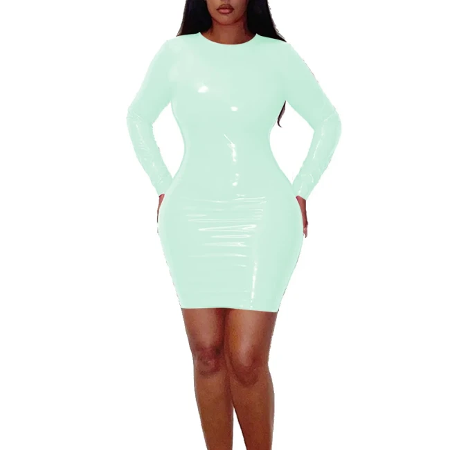 Women Round Collar Long Sleeve Mini Dress Glossy PVC Leather Sexy Bodycon Simple Solid Basic Hip Wrap Dress High Street Clothes