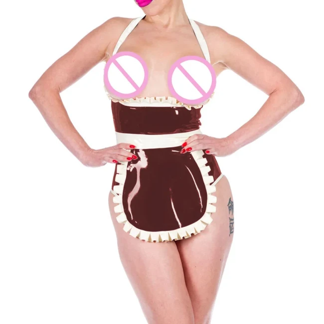 Shiny PVC Leather Sexy Halter Expose Chest Haigh Waisted Bodysuits with Apron Exotic Maid Cosplay Uniforms Cosplay Club Suits