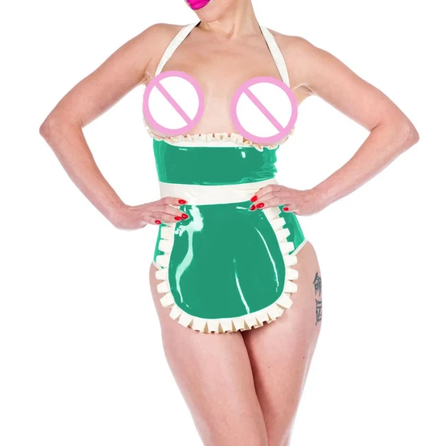 Shiny PVC Leather Sexy Halter Expose Chest Haigh Waisted Bodysuits with Apron Exotic Maid Cosplay Uniforms Cosplay Club Suits