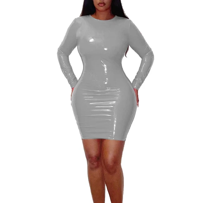 Women Round Collar Long Sleeve Mini Dress Glossy PVC Leather Sexy Bodycon Simple Solid Basic Hip Wrap Dress High Street Clothes