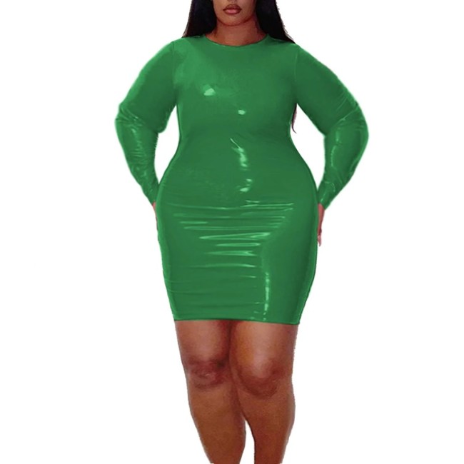 Women Round Collar Long Sleeve Mini Dress Glossy PVC Leather Sexy Bodycon Simple Solid Basic Hip Wrap Dress High Street Clothes