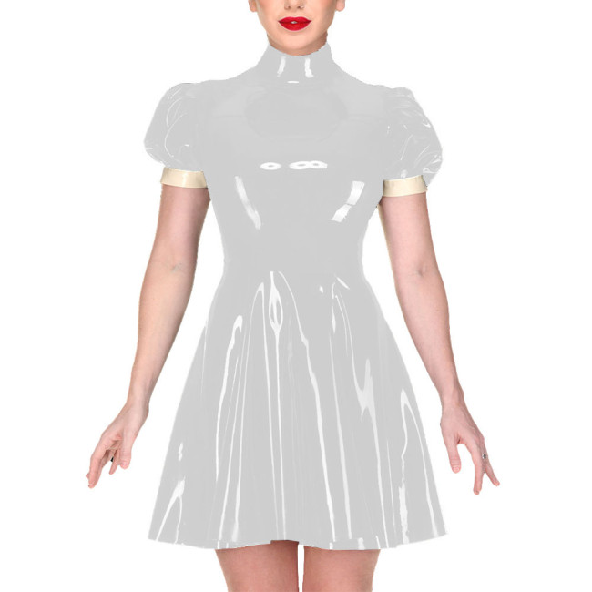 Elegant Turtleneck Mini Dress for Women Puff Short Sleeve PVC Shiny Leather A-line Pleated Dress Ladies Casual Streetwear Dress