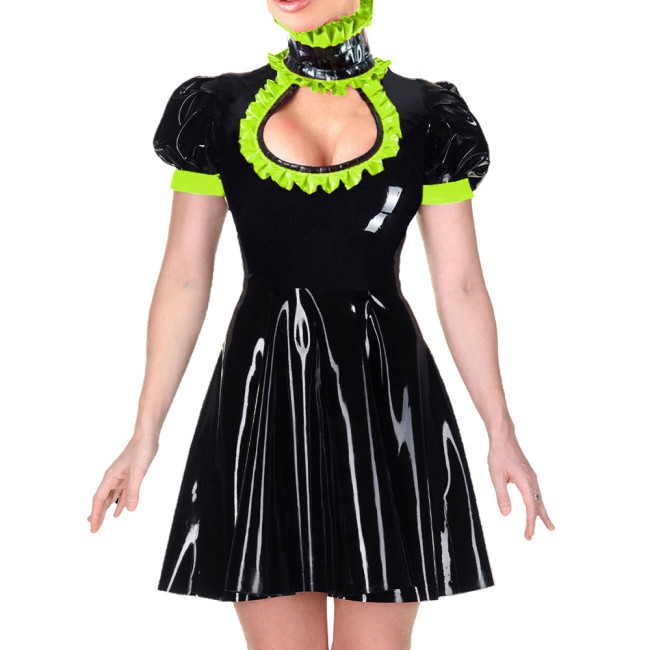 Gothic Wetlook Mini A-line Dress for Womens Turtleneck Hollow Out Sexy High Waist PVC Dresses Ladies Short-sleeve Party Vestido