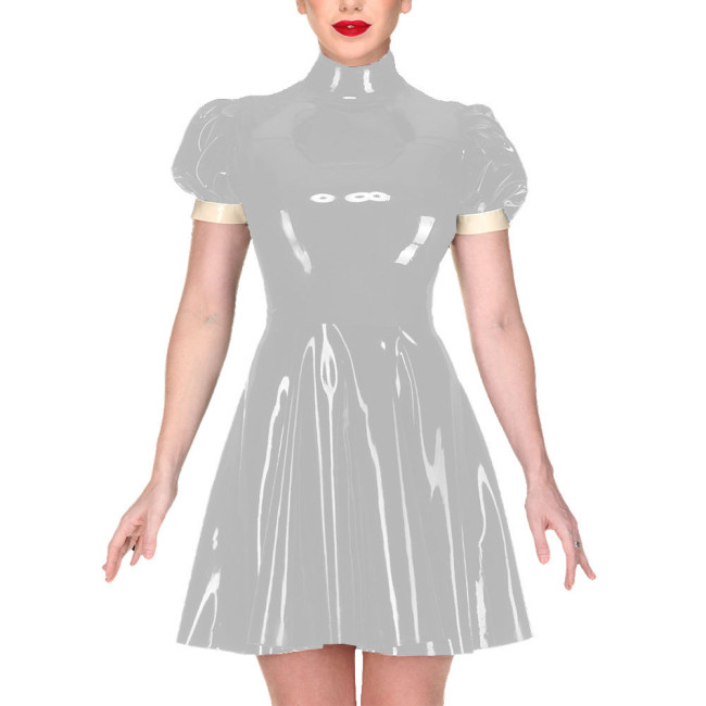 Elegant Turtleneck Mini Dress for Women Puff Short Sleeve PVC Shiny Leather A-line Pleated Dress Ladies Casual Streetwear Dress