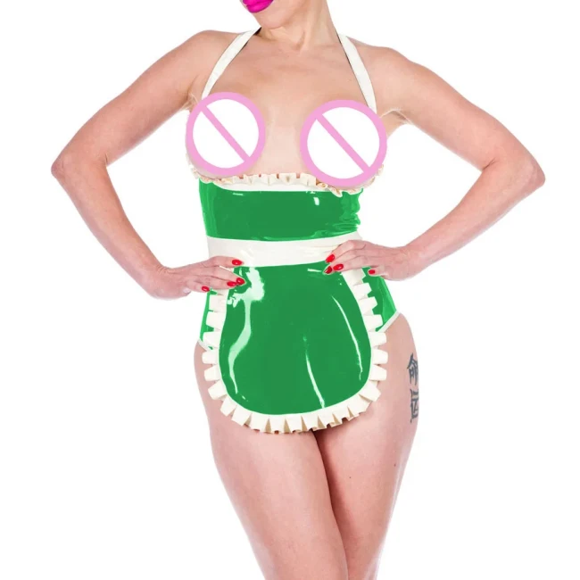 Shiny PVC Leather Sexy Halter Expose Chest Haigh Waisted Bodysuits with Apron Exotic Maid Cosplay Uniforms Cosplay Club Suits