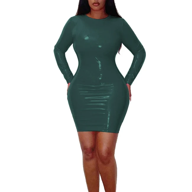 Women Round Collar Long Sleeve Mini Dress Glossy PVC Leather Sexy Bodycon Simple Solid Basic Hip Wrap Dress High Street Clothes