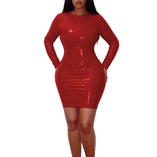 Women Round Collar Long Sleeve Mini Dress Glossy PVC Leather Sexy Bodycon Simple Solid Basic Hip Wrap Dress High Street Clothes