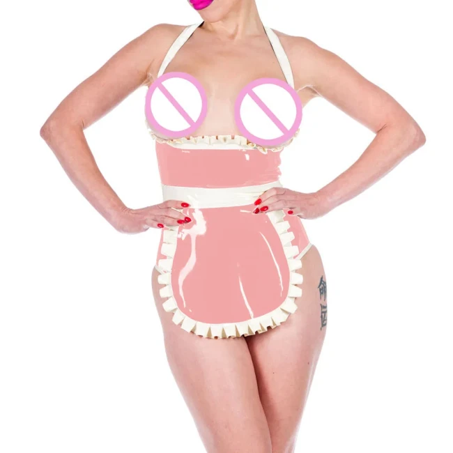 Shiny PVC Leather Sexy Halter Expose Chest Haigh Waisted Bodysuits with Apron Exotic Maid Cosplay Uniforms Cosplay Club Suits